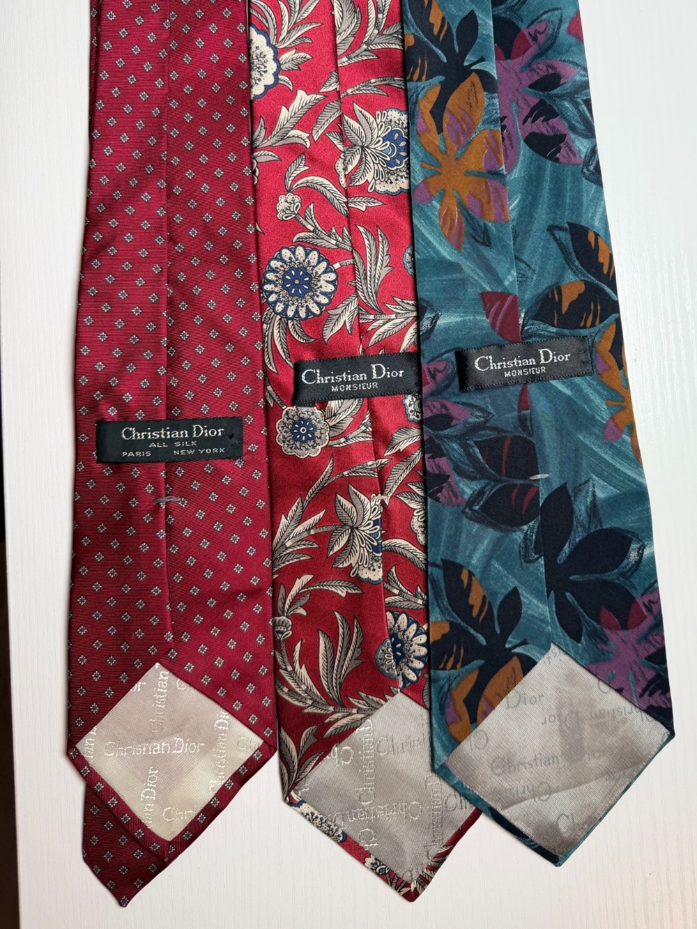 Dior Men’s Silk Tie Trio in Burgundy, Floral Red & Teal Floral
